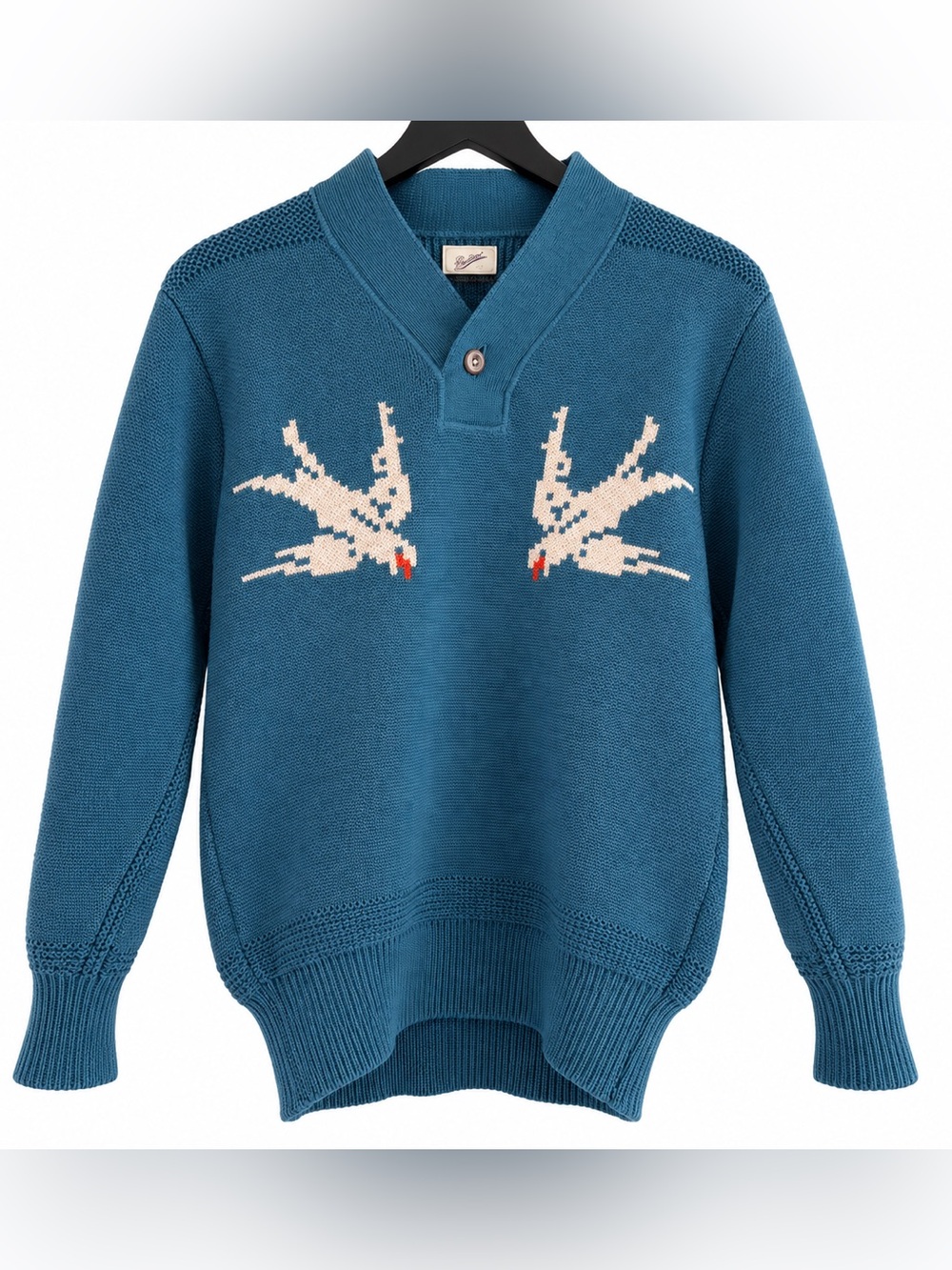 Sandrine vintage sweater. Men's Teal V-Neck Sweater with Bird Design